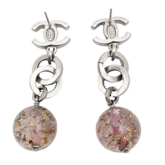 CHANEL CC Logos Drop Clear Pink Ball Stud Earrings Silver Tone 06P Auth D-t104 - Picture 9 of 14